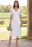 Vestido de chá de panela Midi com decote de noiva em renda marfim, decote em V, mangas curtas, com fenda nas costas