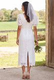 Vestido de chá de panela Midi com decote de noiva em renda marfim, decote em V, mangas curtas, com fenda nas costas
