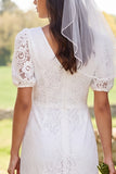 Vestido de chá de panela Midi com decote de noiva em renda marfim, decote em V, mangas curtas, com fenda nas costas