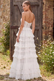 Vestido longo de panela de panela com franzinhos em A-Line com franzes de marfim e renda