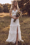 Vestido de duche de noiva comprido, decote em V, decote em V, de duas peças, renda em renda, com folhos