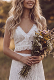 Vestido de duche de noiva comprido, decote em V, decote em V, de duas peças, renda em renda, com folhos