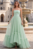 Vestido de Baile Verde Sálvia Linha A Longo, Brilhante e Sem Alças