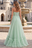 Vestido de Baile Verde Sálvia Linha A Longo, Brilhante e Sem Alças