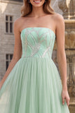 Vestido de Baile Verde Sálvia Linha A Longo, Brilhante e Sem Alças