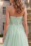 Vestido de Baile Verde Sálvia Linha A Longo, Brilhante e Sem Alças