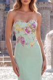 Vestido de Baile de Finalistas Longo Verde Sálvia Floral Verde Sálvia com Lantejoulas