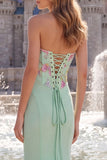 Vestido de Baile de Finalistas Longo Verde Sálvia Floral Verde Sálvia com Lantejoulas