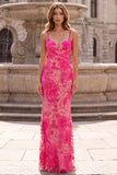 Vestido de baile de finalistas floral fúcsia brilhante com alças finas finas