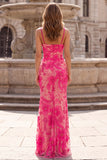 Vestido de baile de finalistas floral fúcsia brilhante com alças finas finas
