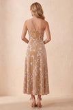 Vestido de Convidado de Casamento Longo em veludo A-Line Champanhe de Um Ombro