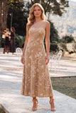 Vestido de Convidado de Casamento Longo em veludo A-Line Champanhe de Um Ombro
