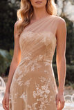 Vestido de Convidado de Casamento Longo em veludo A-Line Champanhe de Um Ombro