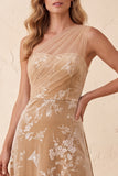Vestido de Convidado de Casamento Longo em veludo A-Line Champanhe de Um Ombro