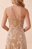 Vestido de Convidado de Casamento Longo em veludo A-Line Champanhe de Um Ombro