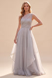 Vestido Cinzento Organza A-Line de Um Ombro Longo Mãe da Noiva