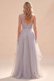 Vestido Cinzento Organza A-Line de Um Ombro Longo Mãe da Noiva