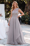 Vestido Cinzento Organza A-Line de Um Ombro Longo Mãe da Noiva