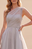 Vestido Cinzento Organza A-Line de Um Ombro Longo Mãe da Noiva