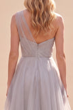 Vestido Cinzento Organza A-Line de Um Ombro Longo Mãe da Noiva