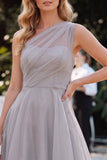 Vestido Cinzento Organza A-Line de Um Ombro Longo Mãe da Noiva