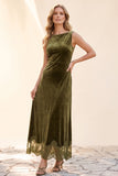 Vestido Longo de Convidados de Casamento Bateau A-Line Olive Velvet com renda