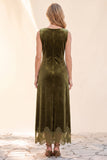 Vestido Longo de Convidados de Casamento Bateau A-Line Olive Velvet com renda