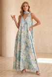 Vestido de Convidado de Casamento Floral Azul Claro de Decote em V, Linha A, com Cachecol