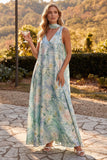 Vestido de Convidado de Casamento Floral Azul Claro de Decote em V, Linha A, com Cachecol