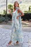 Vestido de Convidado de Casamento Floral Azul Claro de Decote em V, Linha A, com Cachecol