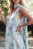 Vestido de Convidado de Casamento Floral Azul Claro de Decote em V, Linha A, com Cachecol