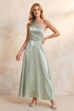Vestido de Convidado de Casamento Longo em Veludo A-Line de Um Ombro Verde Claro