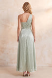 Vestido de Convidado de Casamento Longo em Veludo A-Line de Um Ombro Verde Claro
