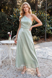 Vestido de Convidado de Casamento Longo em Veludo A-Line de Um Ombro Verde Claro