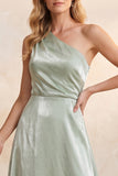 Vestido de Convidado de Casamento Longo em Veludo A-Line de Um Ombro Verde Claro