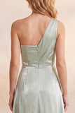 Vestido de Convidado de Casamento Longo em Veludo A-Line de Um Ombro Verde Claro