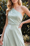 Vestido de Convidado de Casamento Longo em Veludo A-Line de Um Ombro Verde Claro