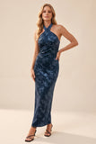 Vestido comprido de convidado para convidados de casamento em veludo azul-marinho