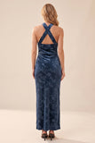 Vestido comprido de convidado para convidados de casamento em veludo azul-marinho