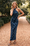 Vestido comprido de convidado para convidados de casamento em veludo azul-marinho