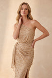 Champanhe Vestido de Convidado de Noiva Com Faixa de Sobrances com Um Ombro