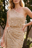Champanhe Vestido de Convidado de Noiva Com Faixa de Sobrances com Um Ombro