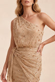 Champanhe Vestido de Convidado de Noiva Com Faixa de Sobrances com Um Ombro