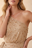 Champanhe Vestido de Convidado de Noiva Com Faixa de Sobrances com Um Ombro