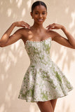 Espartilho A-Line Pérola Verde Claro Cintura Basca Strapless Vestido Curto de Regresso a Casa