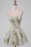 Espartilho A-Line Pérola Verde Claro Cintura Basca Strapless Vestido Curto de Regresso a Casa