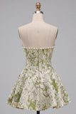 Espartilho A-Line Pérola Verde Claro Cintura Basca Strapless Vestido Curto de Regresso a Casa