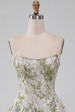 Espartilho A-Line Pérola Verde Claro Cintura Basca Strapless Vestido Curto de Regresso a Casa