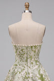 Espartilho A-Line Pérola Verde Claro Cintura Basca Strapless Vestido Curto de Regresso a Casa