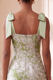 Vestido Curto de Regresso a Casa Verde Verde-Pérola, Decote Quadrado com Folhos e Bordas
